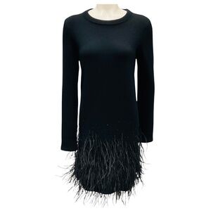 MICHAEL KORS COLLECTION BLACK FEATHER EMBELLISHED HEM CASHMERE KNIT LONG SLEEVED